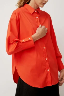 Fashion Oversize Cotton Shirt in Coral Tops|Clothing