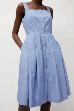 Fashion Party Dress in Wedgewood and White Stripe Dresses|Clothing