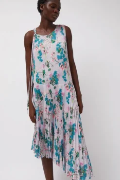 Fashion Pleated Asymmetric Sleeveless Dress in Floral Dresses|Clothing