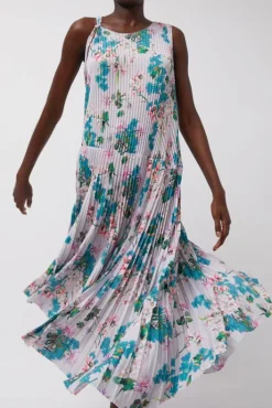 Fashion Pleated Asymmetric Sleeveless Dress in Floral Dresses|Clothing