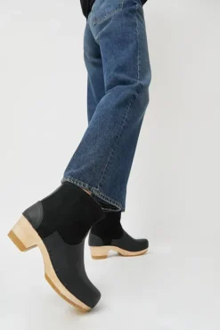 Online 5" Pull on Shearling Clog Boot on Mid Heel in Black Suede Clog Boots|Clogs And Shoes