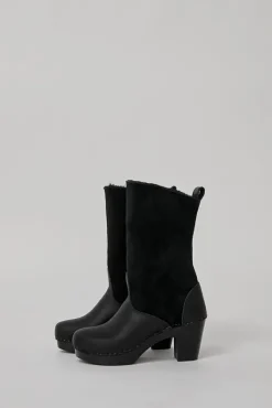 Hot 9" Pull On Shearling Clog Boot on High Heel in Black Suede on Black Base Collections|Clog Boots