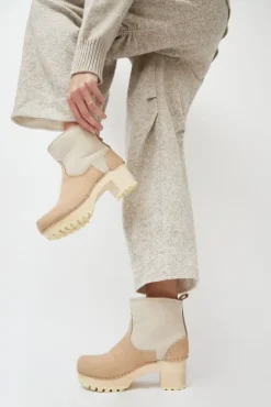 Clearance 5" Pull On Shearling Clog Boot on Mid Tread in Bone Suede on White Base Holiday Gift Guide|Collections