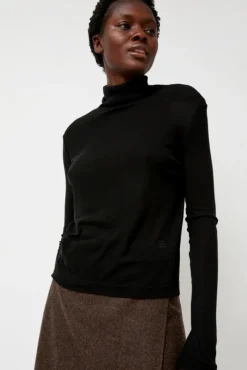 Outlet Thin Ribbed Roll Neck Top in Black Collections|Tops