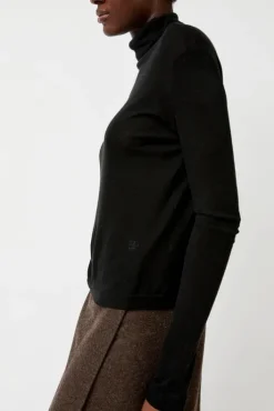 Outlet Thin Ribbed Roll Neck Top in Black Collections|Tops