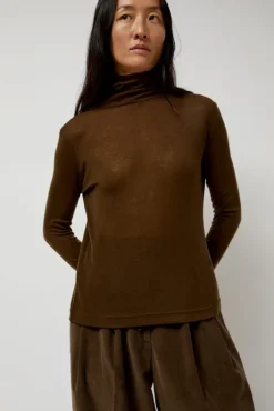 Hot Thin Ribbed Roll Neck Top in Brown Collections|Tops