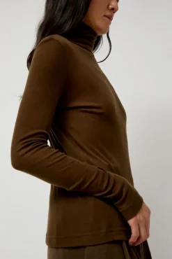 Hot Thin Ribbed Roll Neck Top in Brown Collections|Tops