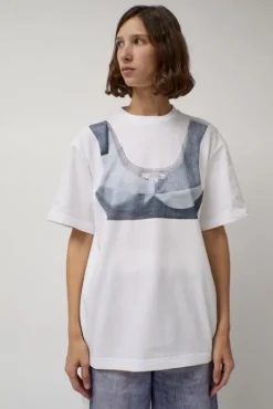 Online T-Shirt with Augmented Denim Top in White Tops|Clothing