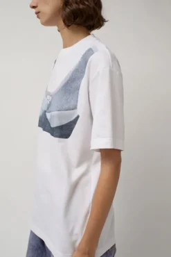 Online T-Shirt with Augmented Denim Top in White Tops|Clothing