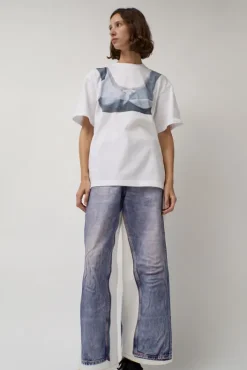 Online T-Shirt with Augmented Denim Top in White Tops|Clothing