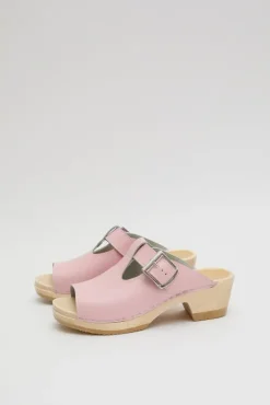 Discount T Strap Clog on Mid Heel in Light Pink Sale Clogs|Collections