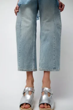 Outlet T Strap Clog on Mid Heel in Silver Sale Clogs|Collections