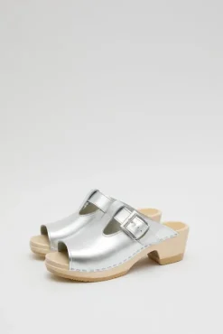 Outlet T Strap Clog on Mid Heel in Silver Sale Clogs|Collections