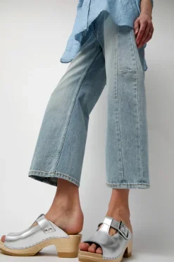 Outlet T Strap Clog on Mid Heel in Silver Sale Clogs|Collections