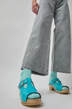 Discount T Strap Clog on Mid Heel in Turquoise Patent Sale Clogs|Collections