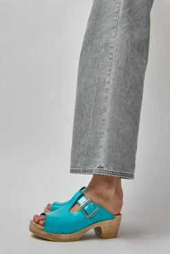 Discount T Strap Clog on Mid Heel in Turquoise Patent Sale Clogs|Collections