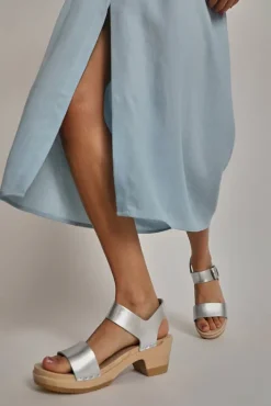 Fashion Two Strap Clog on Mid Heel in Silver Sale Clogs|Collections
