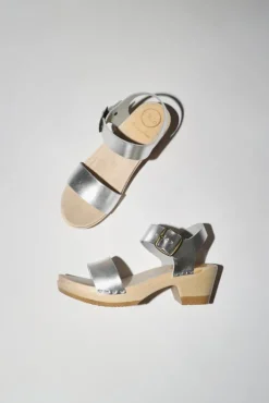Fashion Two Strap Clog on Mid Heel in Silver Sale Clogs|Collections