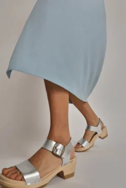 Fashion Two Strap Clog on Mid Heel in Silver Sale Clogs|Collections