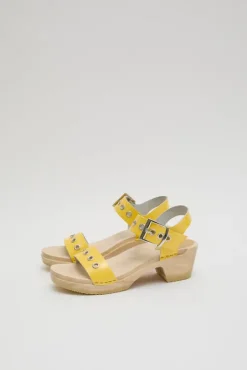 Clearance Two Strap Clog on Mid Heel in Yellow Patent with Eyelets Sale Clogs|Collections