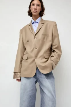Online Virgin Wool Single Breasted Blazer in Beige Jackets & Outerwear|Clothing