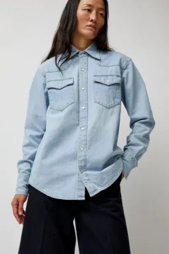 Hot Washed Denim Western Shirt in Washed Light Blue Collections|Denim