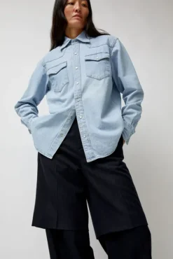Hot Washed Denim Western Shirt in Washed Light Blue Collections|Denim