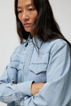 Hot Washed Denim Western Shirt in Washed Light Blue Collections|Denim