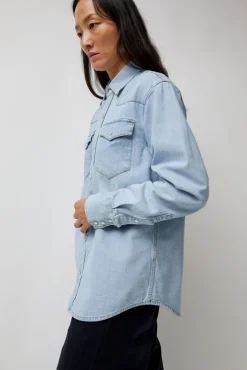 Hot Washed Denim Western Shirt in Washed Light Blue Collections|Denim