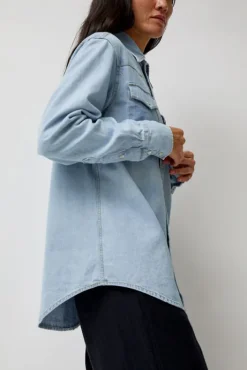 Hot Washed Denim Western Shirt in Washed Light Blue Collections|Denim