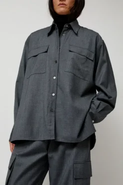 Outlet Wool Blend Shirt in Gray Collections|Tops