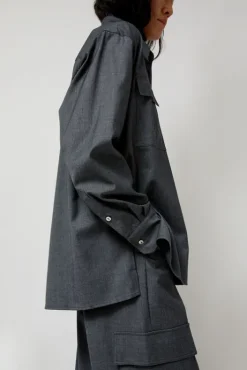 Outlet Wool Blend Shirt in Gray Collections|Tops