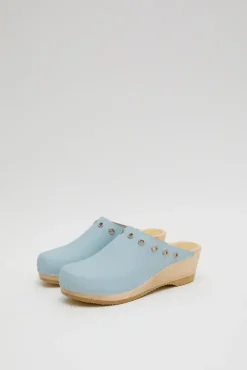 Fashion Bella Clog on Mid Wedge in Light Blue with Eyelets Sale Clogs|Collections