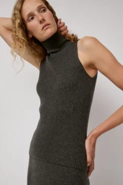Outlet Cashmere Mock Collar Rib Top in Olive Melange Tops|Clothing