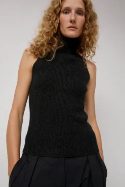 Sale Cashmere Mock Collar Rib Top in Black Melange Tops|Clothing