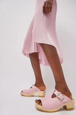 Discount T Strap Clog on Mid Heel in Light Pink Sale Clogs|Collections