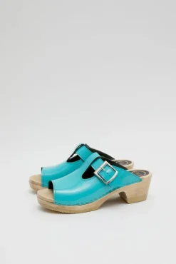 Discount T Strap Clog on Mid Heel in Turquoise Patent Sale Clogs|Collections