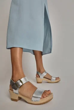 Fashion Two Strap Clog on Mid Heel in Silver Sale Clogs|Collections