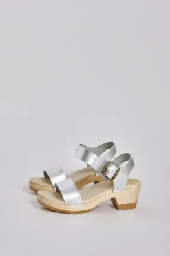 Fashion Two Strap Clog on Mid Heel in Silver Sale Clogs|Collections
