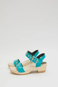Hot Two Strap Clog on Mid Heel in Turquoise Patent with Eyelets Sale Clogs|Collections